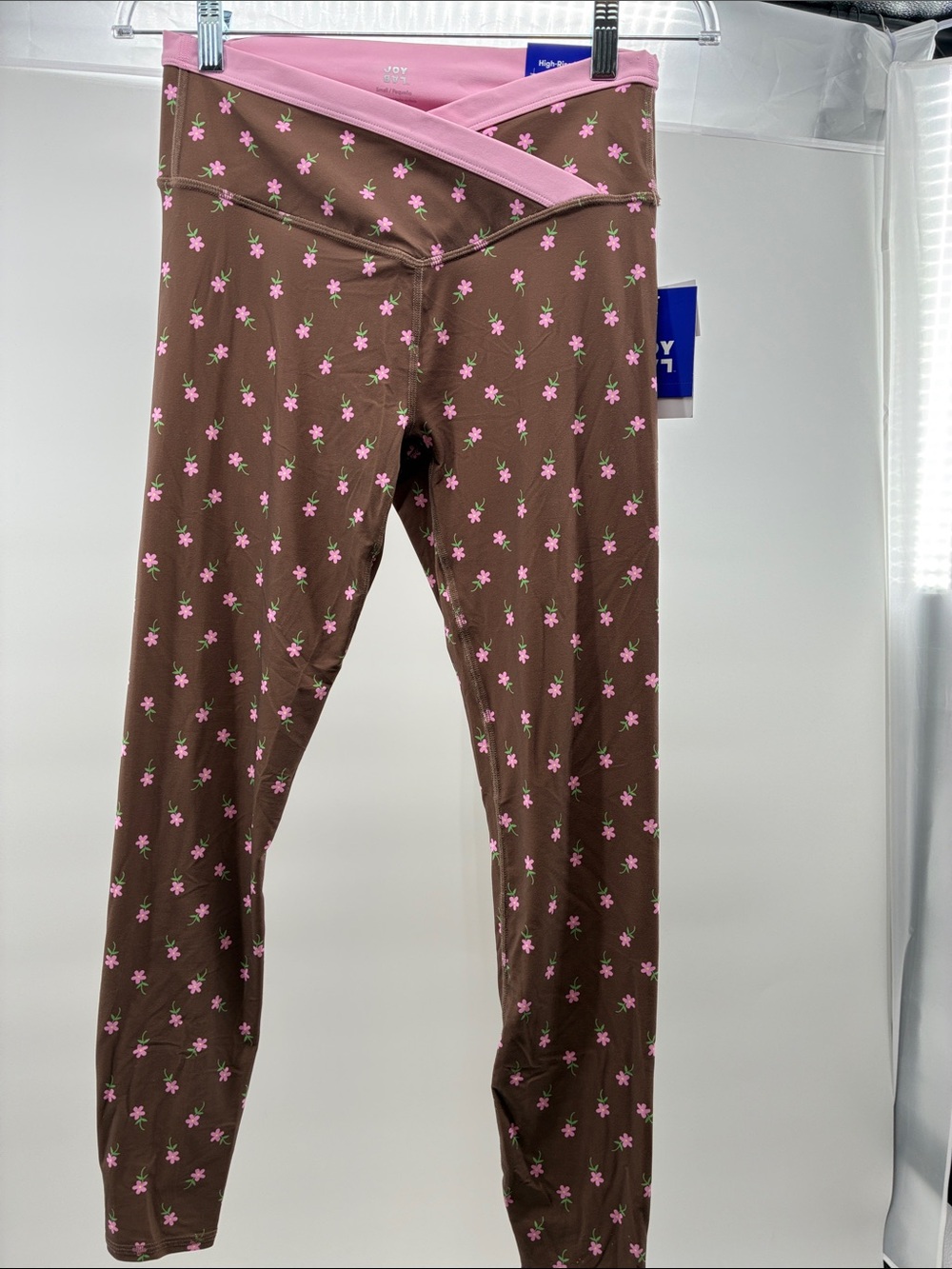 JoyLab Brown Leggings with Pink Floral Print and Pink Waistband